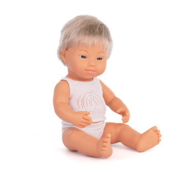 Lalka w ubranku dziewczynka Europejka z zespołem Downa 38 cm  