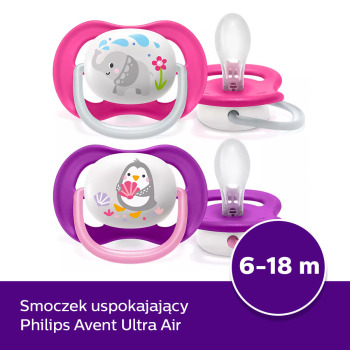 Smoczek uspokajający Ultra Air Girl 6m+ słoń/pingwin - 2 szt