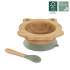 Drewniana miseczka z przyssawką i łyżeczką w zestawie do karmienia metodą BLW ECO-friendly - Żabka