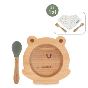 Drewniana miseczka z przyssawką i łyżeczką w zestawie do karmienia metodą BLW ECO-friendly - Żabka