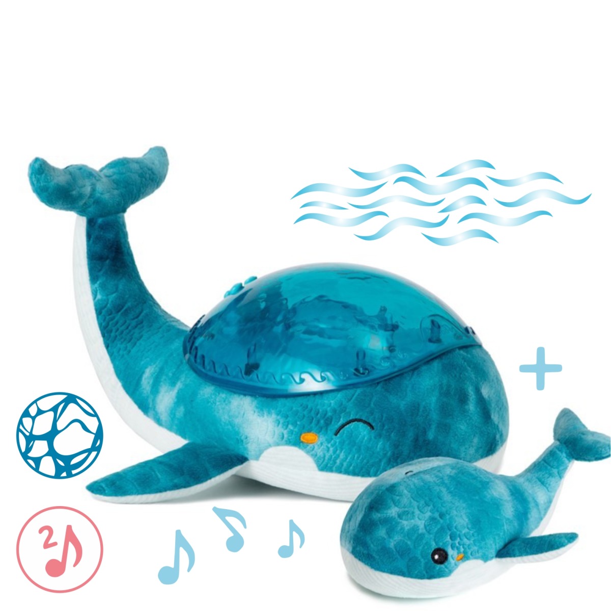 Cloud b® Tranquil Whale™ Blue Family - Lampka z projekcją świetlną i grzechotką -Wieloryb niebieski 1